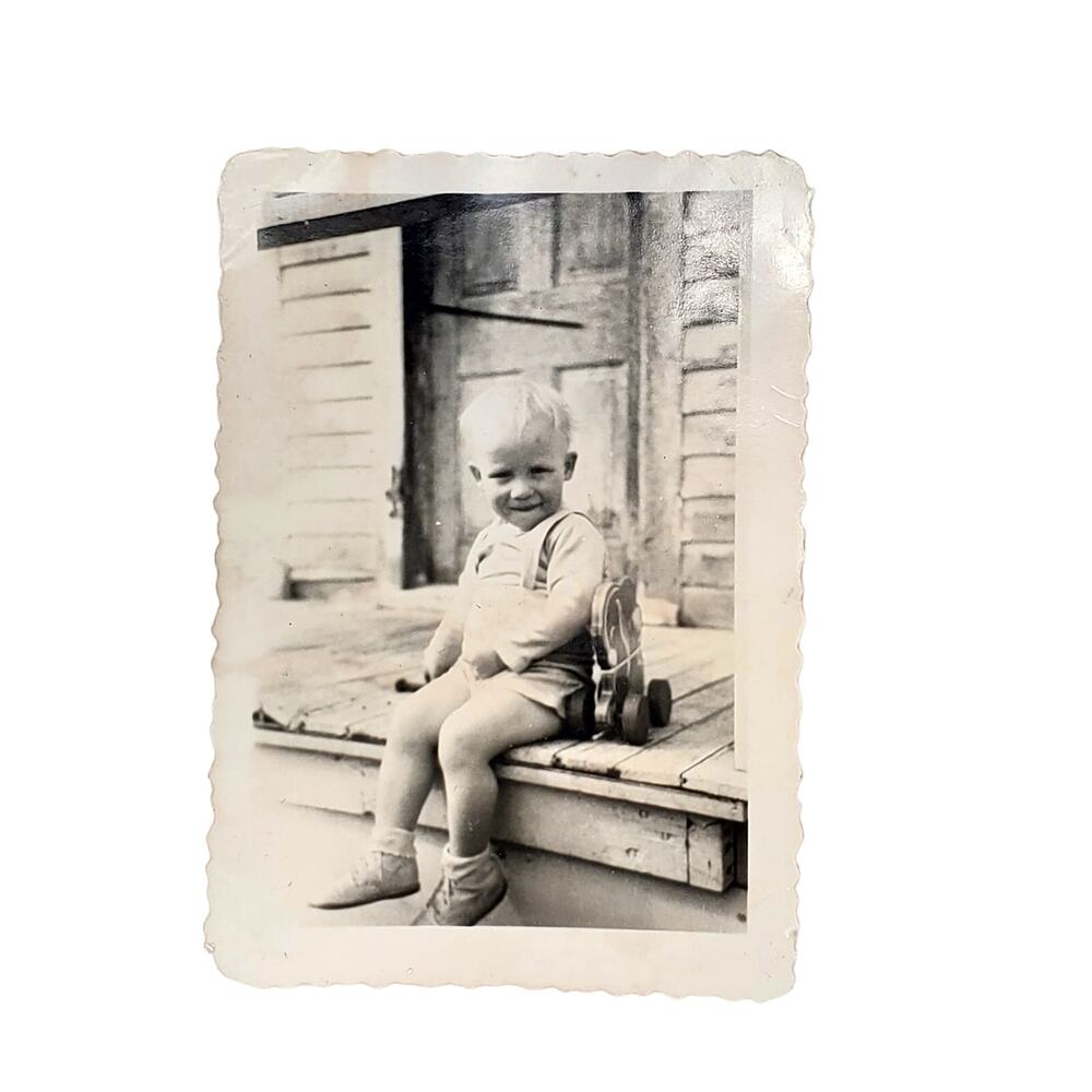 Vtg Baby Posing on Front Steps Monochrome Photography Found Snapshot B&W